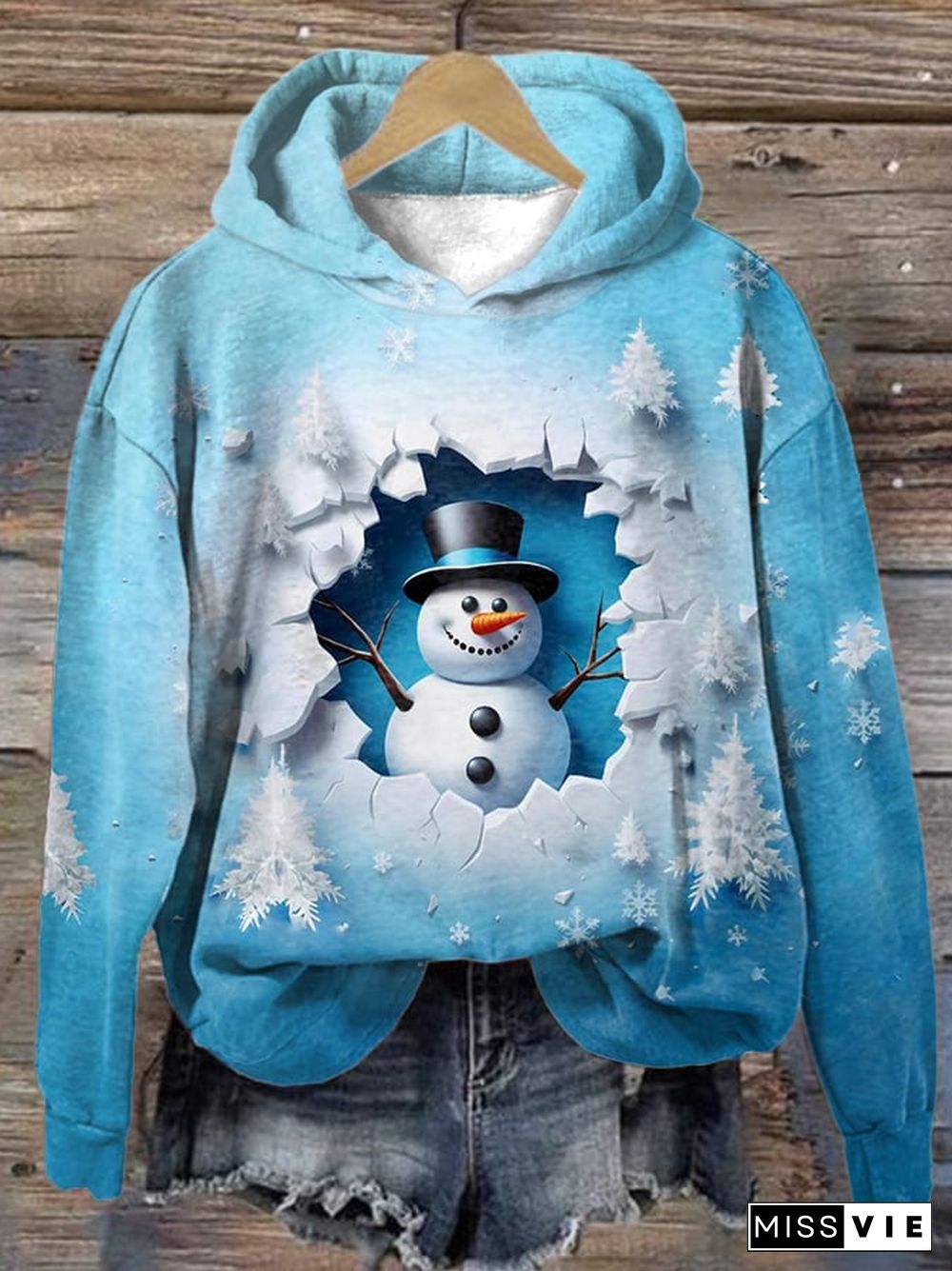 Women's Top Hat Snowman Print Hoodie