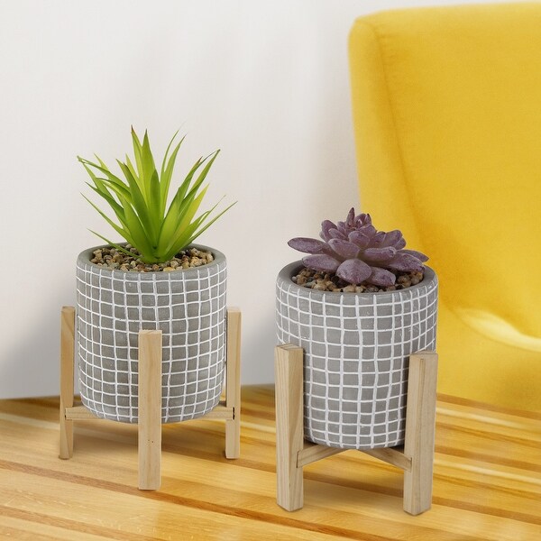 10Inch Tall Artificial Succulent Fake Plant in Gray Cement Pot with Wooden Stand，Faux Plants