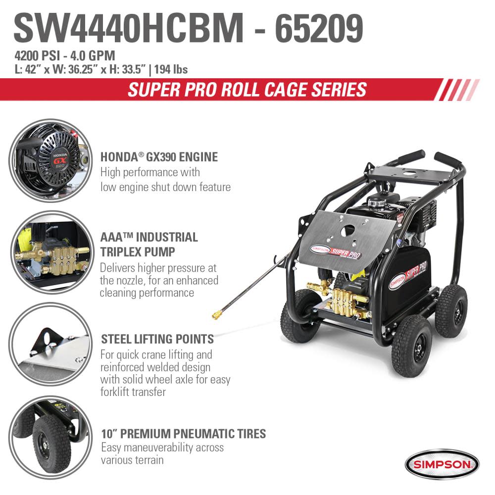 Simpson Super Pro Roll Cage Pressure Washer Cold Water Professional Belt Drive Gas ;