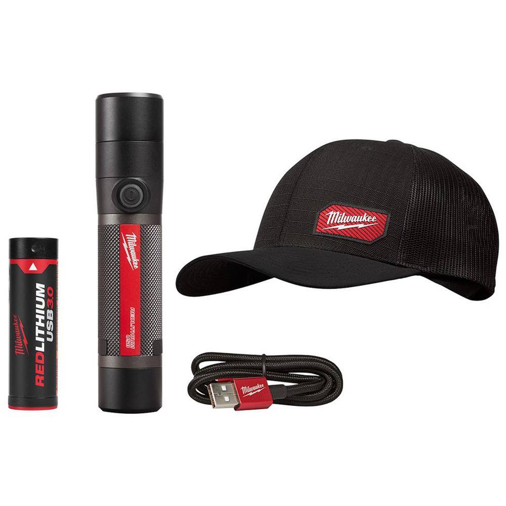 MW 800 Lumens LED USB Rechargeable HP Fixed Focus Flashlight with GRIDIRON Black Adjustable Fit Trucker Hat 2160-21-505B