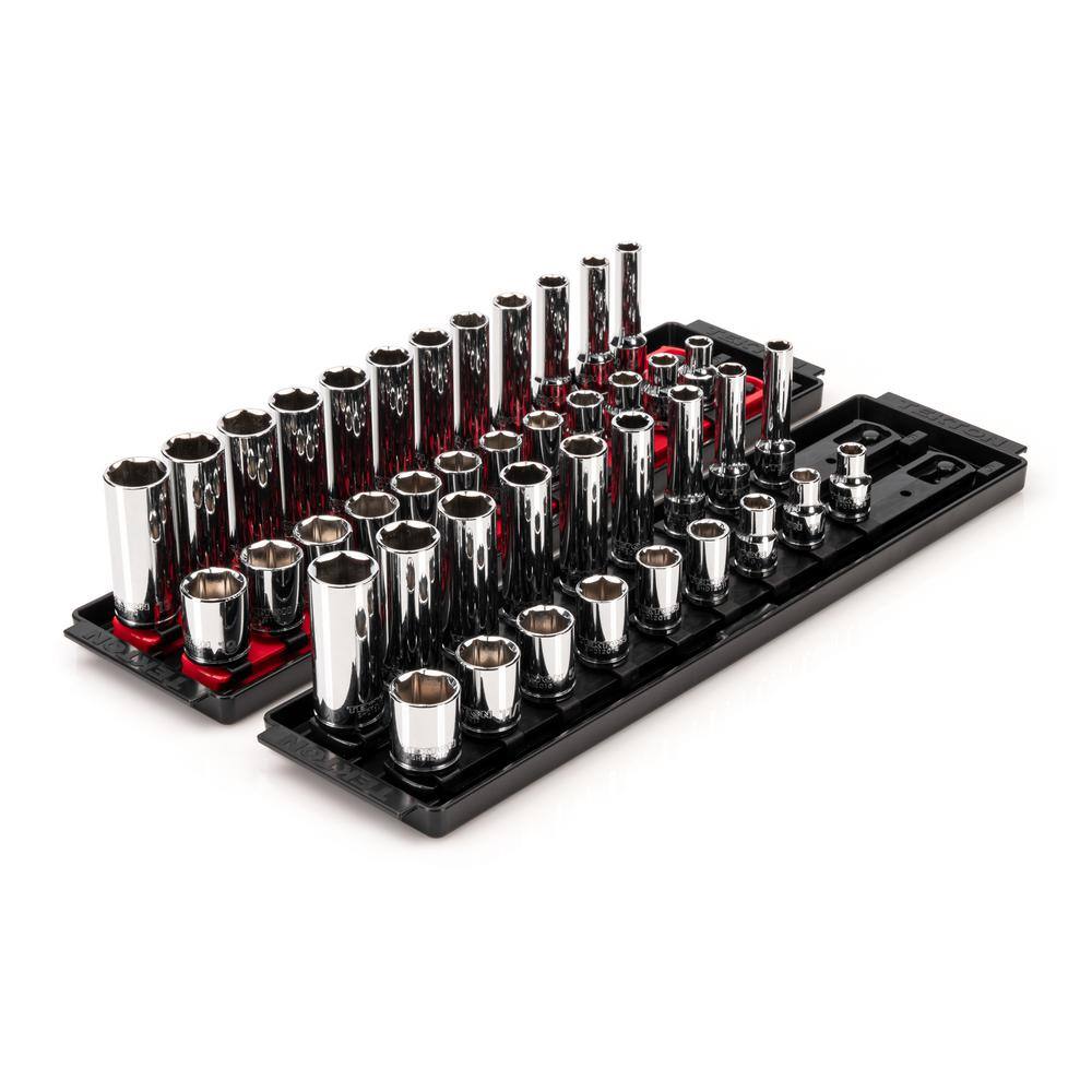 TEKTON 38 in. Drive 6-Point Socket Set with Rails (516-34 in. 8 mm-19 mm) (42-Piece) SHD91218