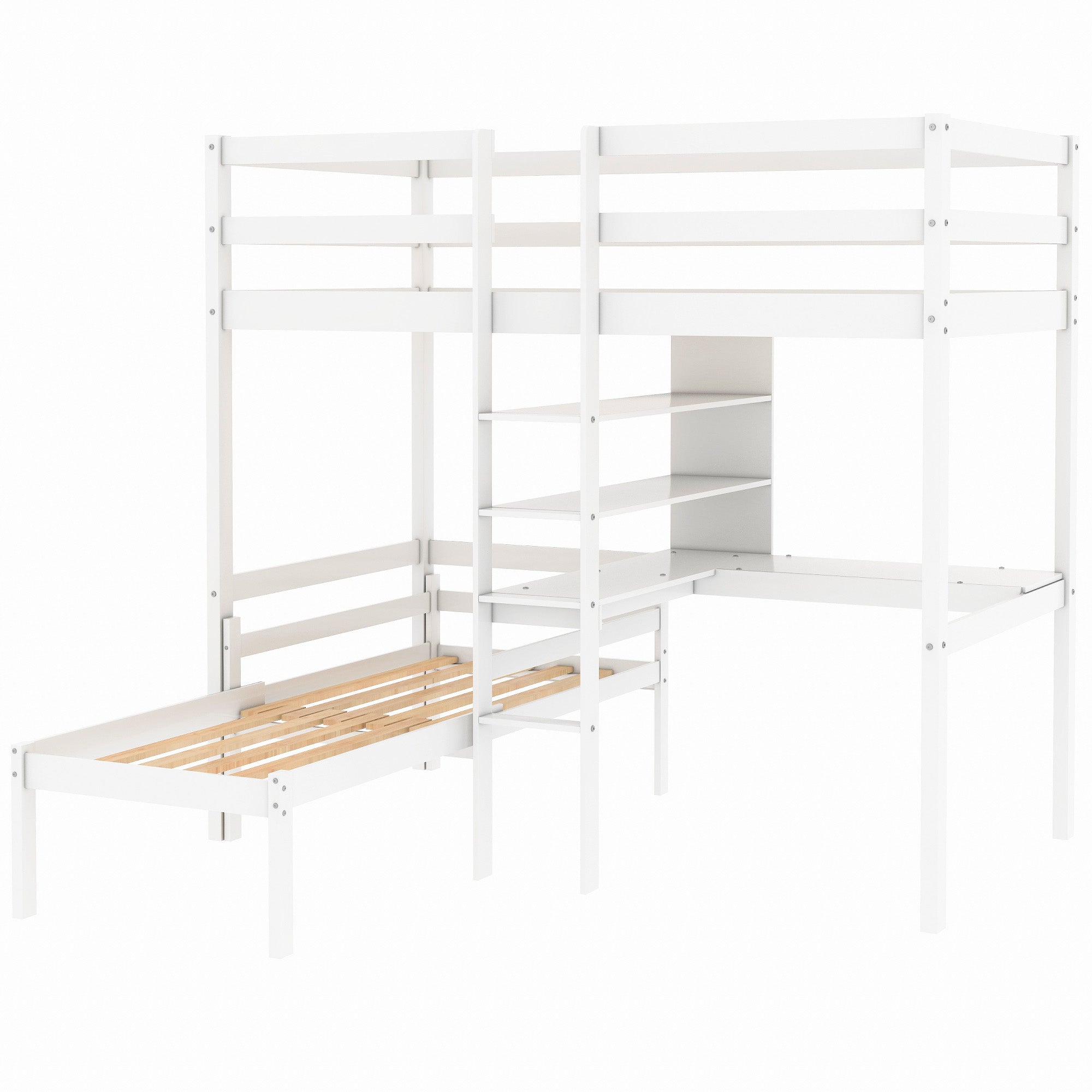 Euroco Twin Size Wood Bunk Bed with Shelves & Desk for Kids Bedroom, White