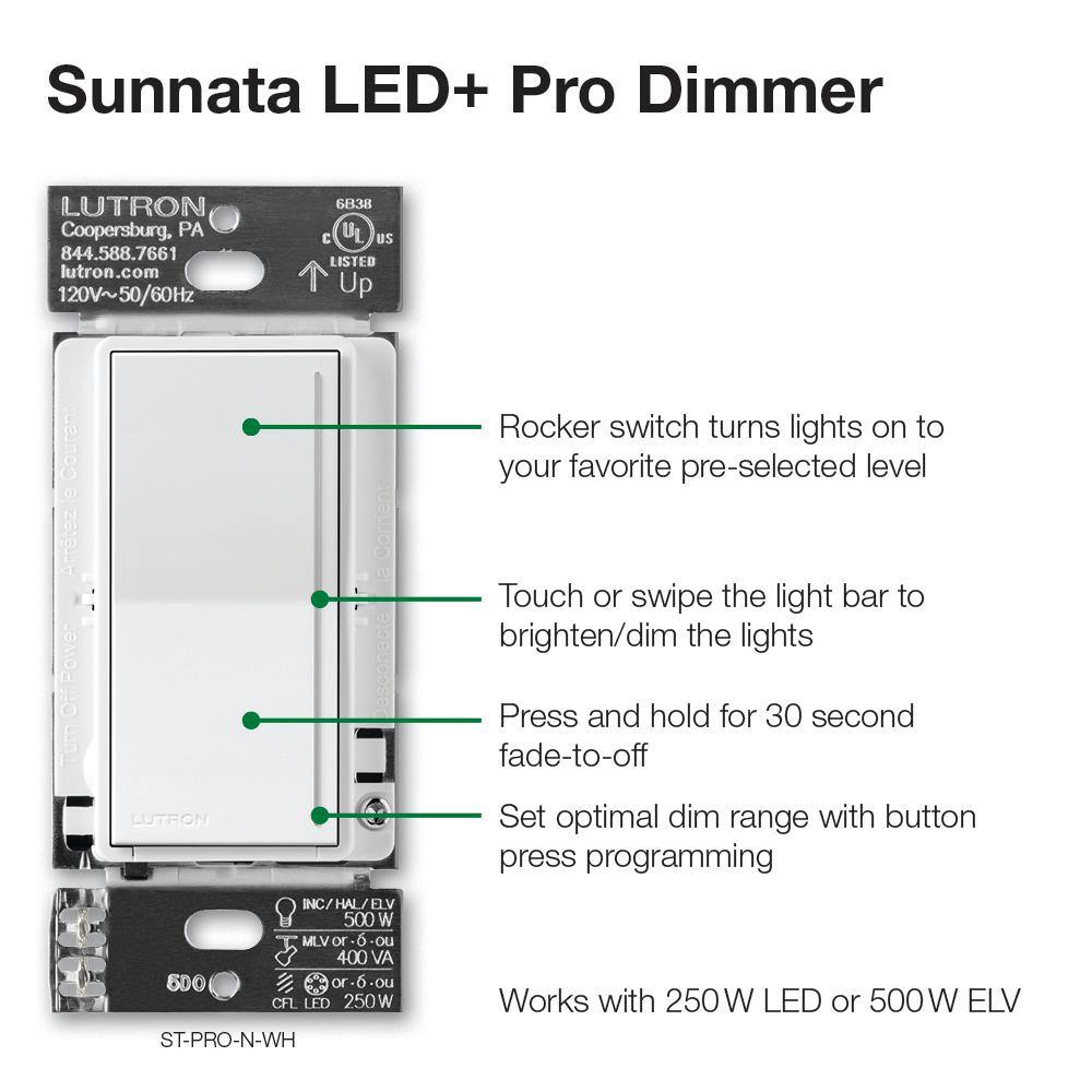 Lutron Sunnata Pro LED+ Touch Dimmer Switch for 500W ELVMLV 250W LED Single PoleMulti Location Pumice (ST-PRO-N-PM) ST-PRO-N-PM