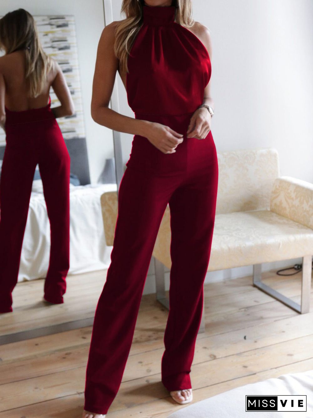 Women'S Jumpsuits Solid Halter Open Back Slim Fit Jumpsuit