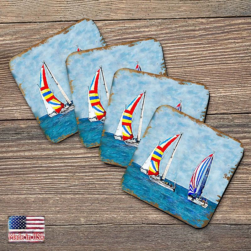 Sailboats Coastal Wooden Cork Coasters Gift Set of 4 by Nature Wonders