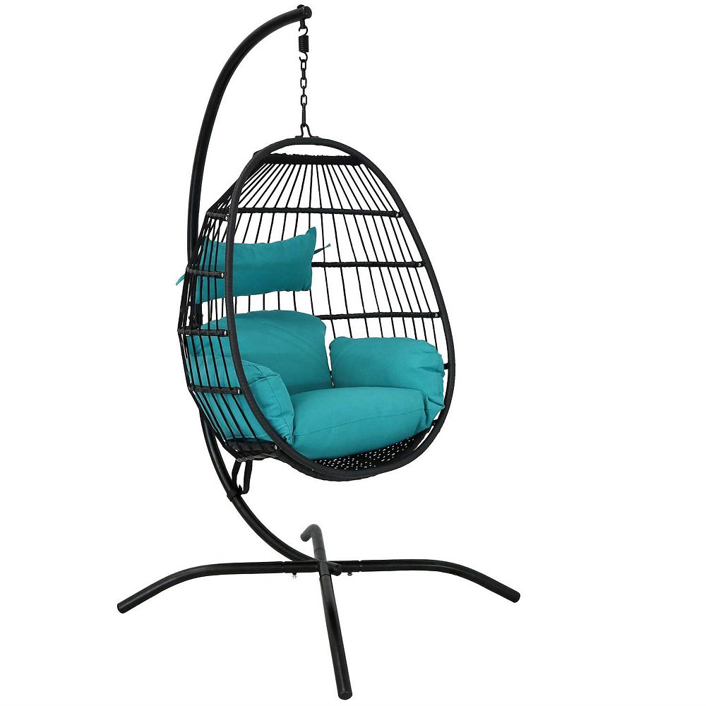 Sunnydaze Resin Wicker Hanging Egg Chair with Steel Stand/Cushion - Teal