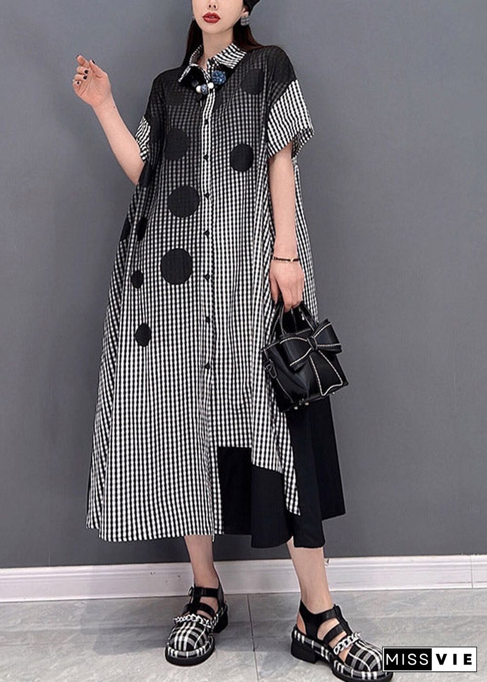 Grey Dot Print Patchwork Long Dress Loose wrinkled Short Sleeve