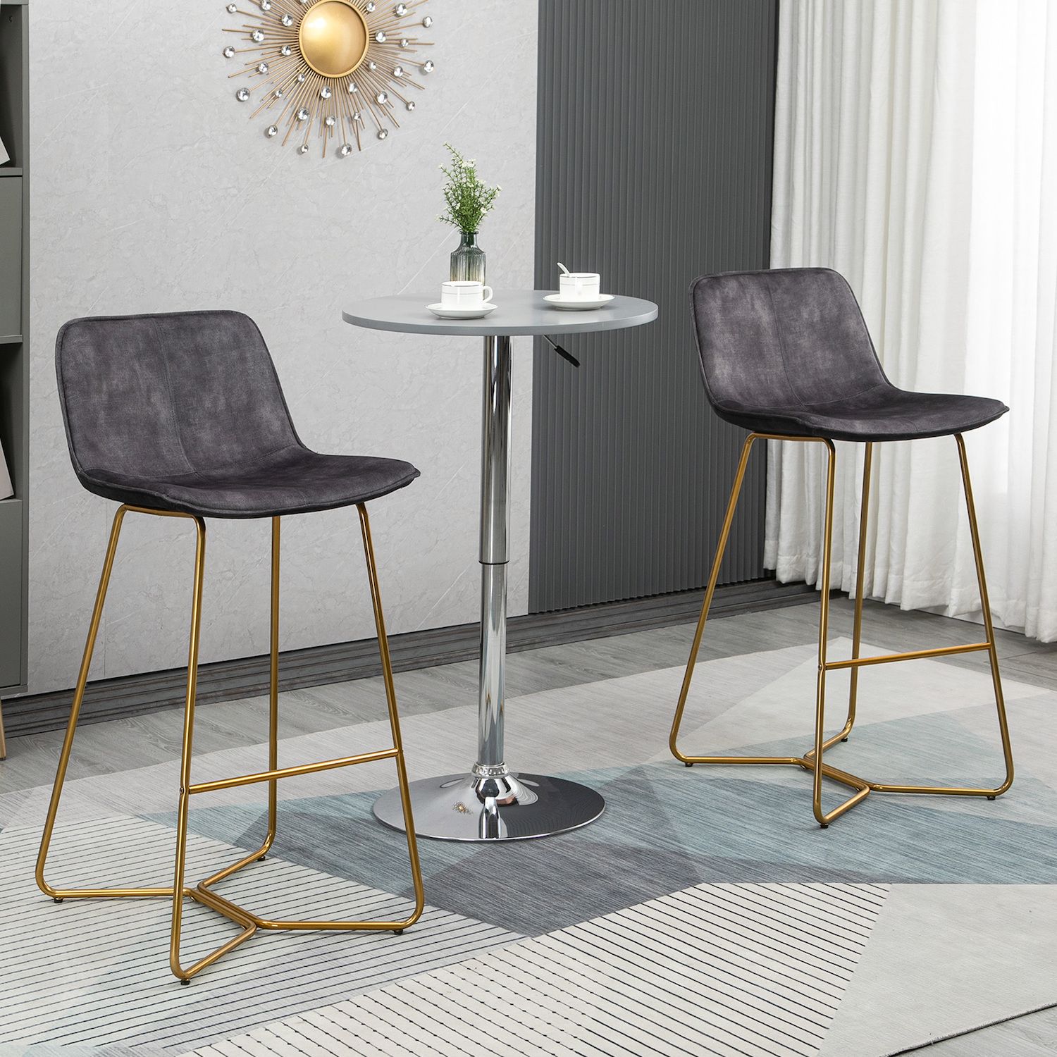 HOMCOM Tall Bar Stools， Set of 2， Velvet-Touch Fabric Bar Chairs， 25.5 Bar Height Stools with Gold-Tone Metal Legs for Dining Area， Home Bar， Grey