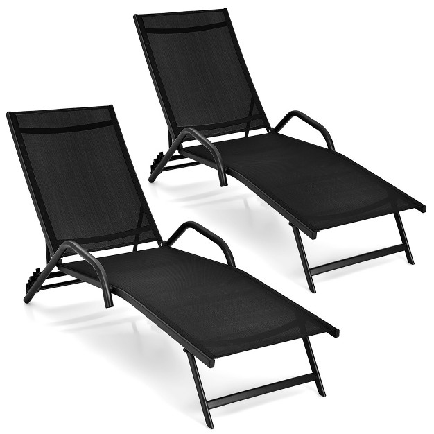 Costway 2pcs Patio Lounge chairs Chaise Recliner 5 position Back Adjust Armrest