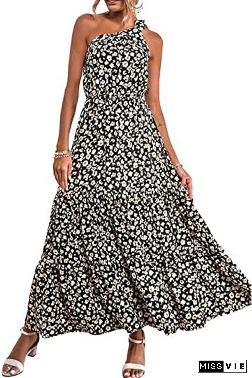 Floral Print One Shoulder High Waist Dress Wholesale