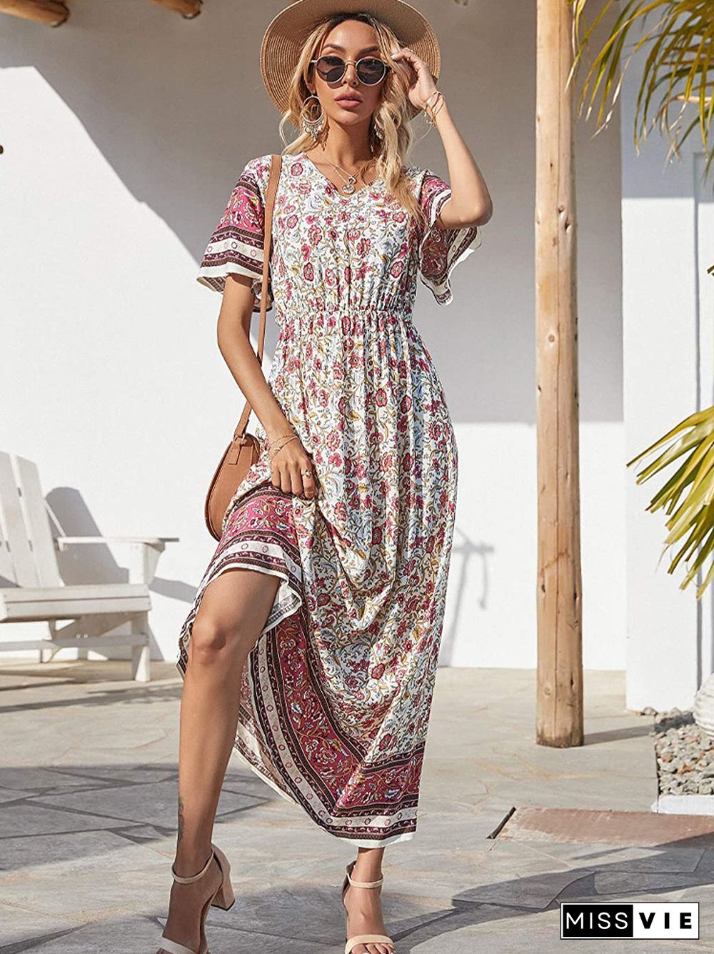 Bohemian Print V-neck Waist Dress Resort Beach Dress