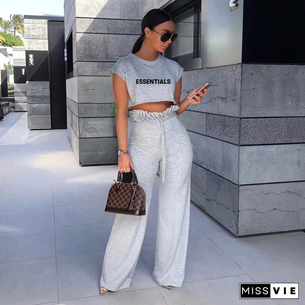 Letter Print Cotton T Shirt Crop Top Wide Leg Pants Suit