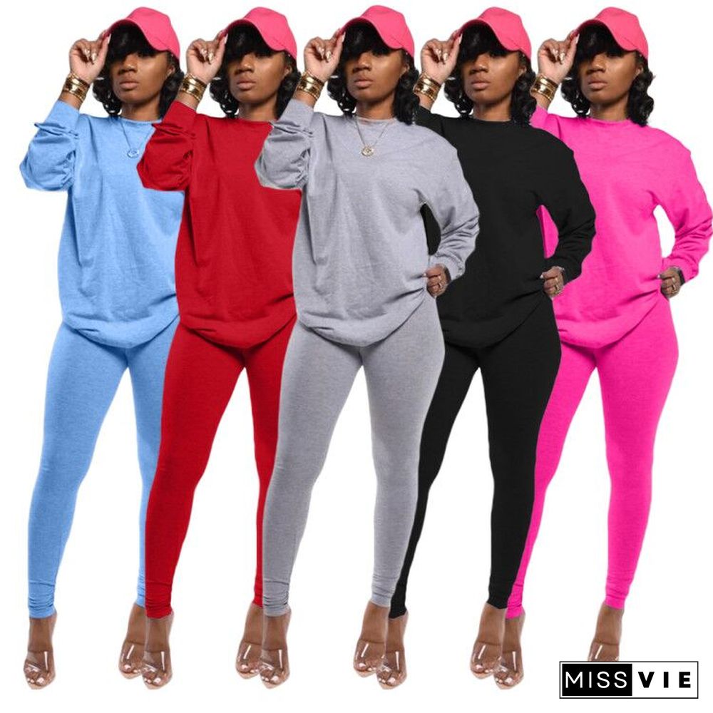 Classic Solid Long Sleeve Sweatshirt Jogger Pants Two-piece Set