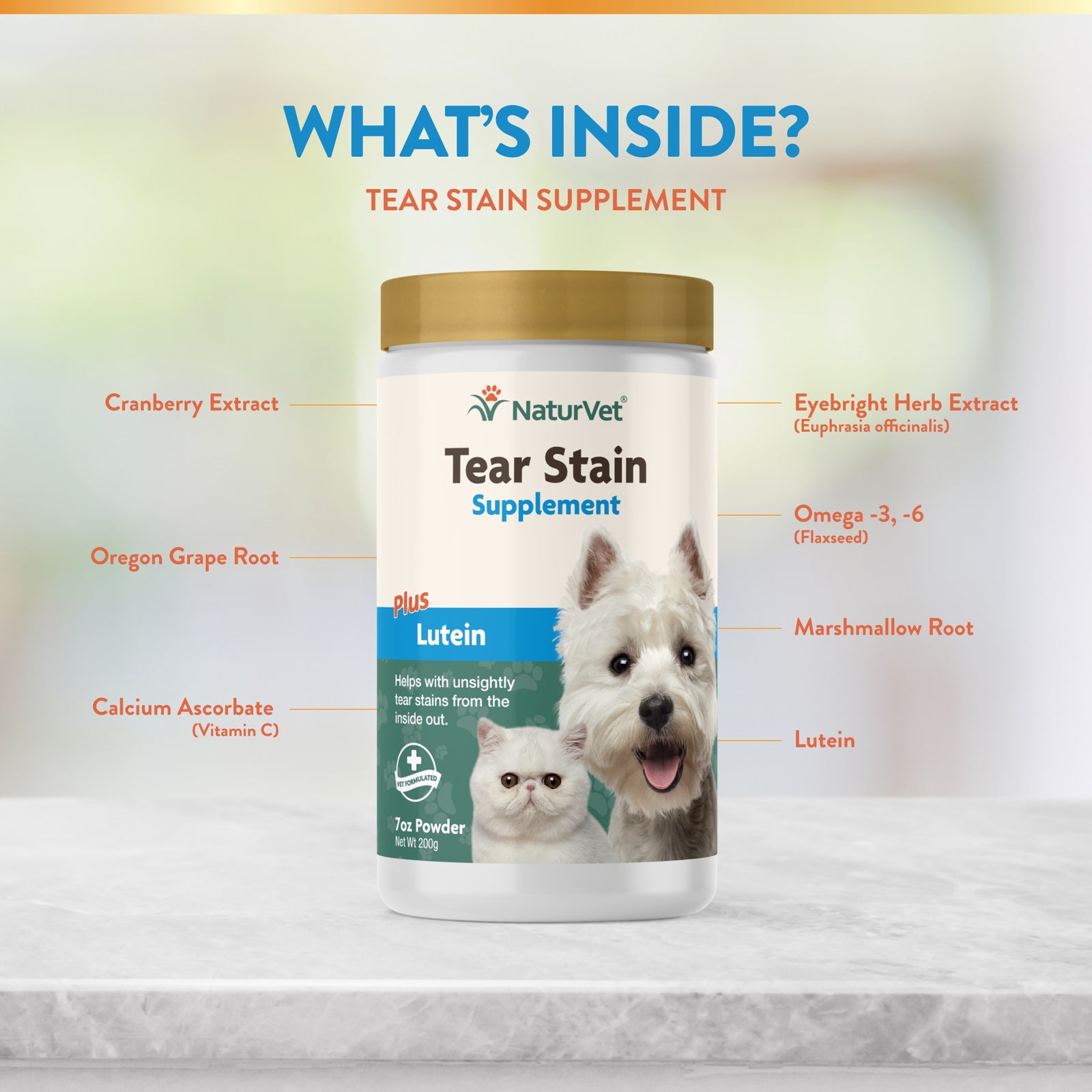 NaturVet Tear Stain Supplement Plus Lutein for Dogs and Cats， 200g Pow