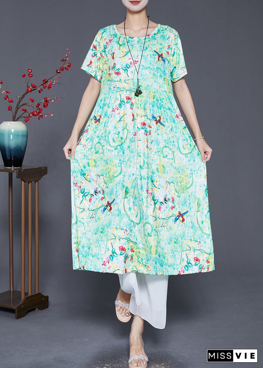 Bohemian Green Print Exra Large Hem Cotton Dress Summer