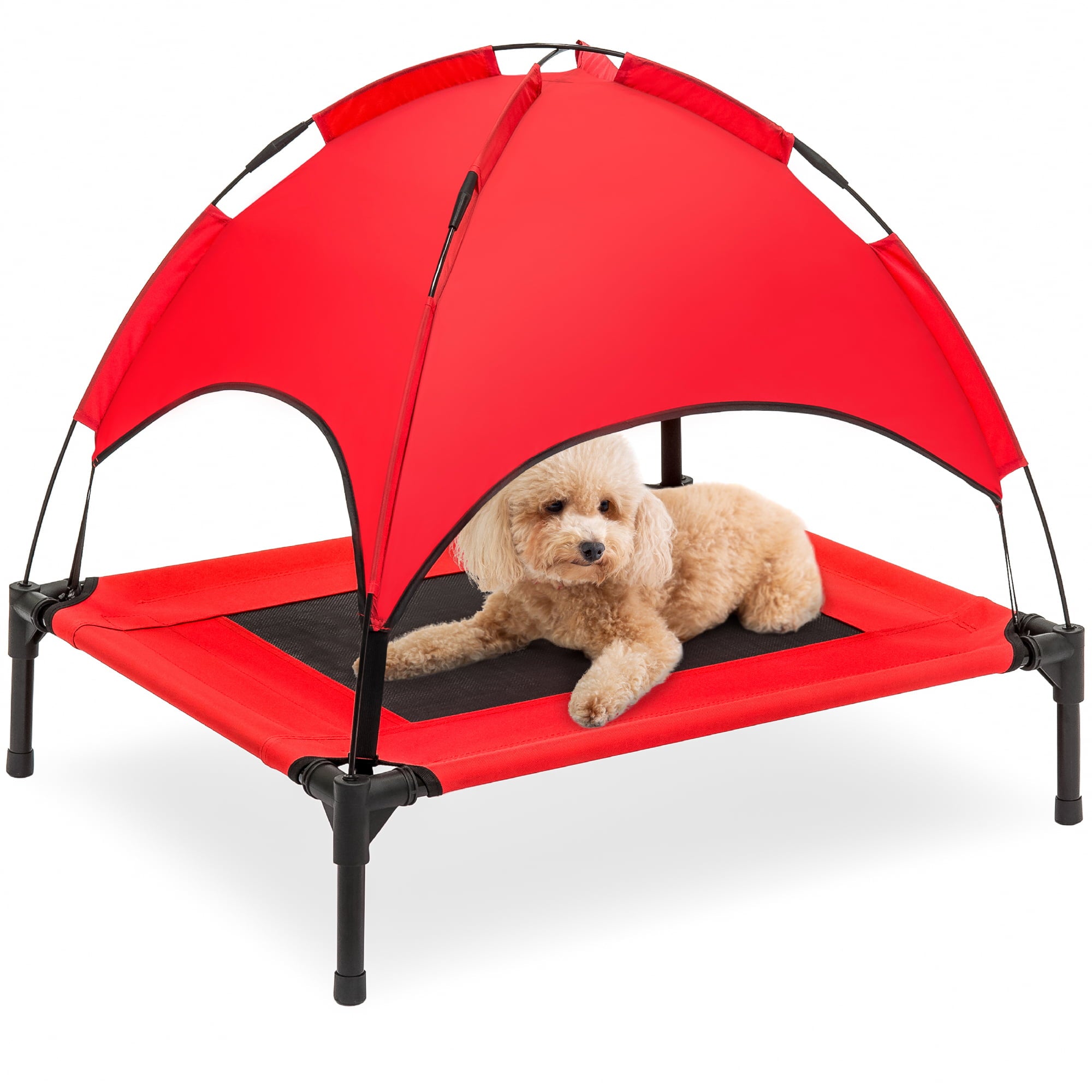 Best Choice Products 30in Elevated Cooling Dog Bed, Outdoor Raised Mesh Pet Cot w/ Removable Canopy, Carrying Bag - Red