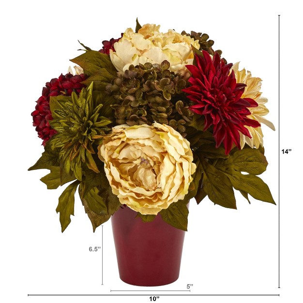 Nearly Natural 14-in Peony， Hydrangea And Dahlia Artificial Arrangement In Burgundy Vase