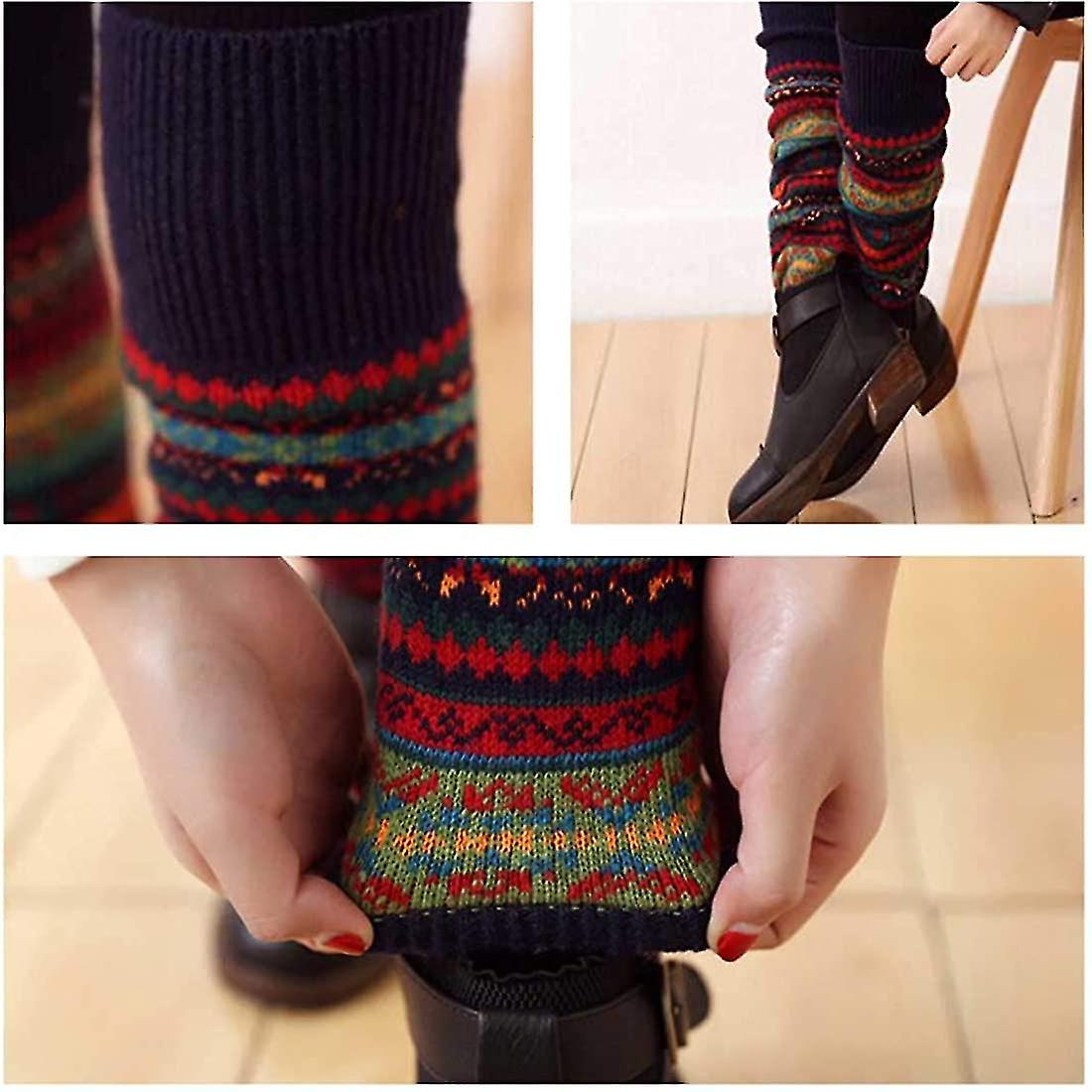 Women Leg Warmer Striped Ethnic Knitting Wool Footless Knee High Boot Socks