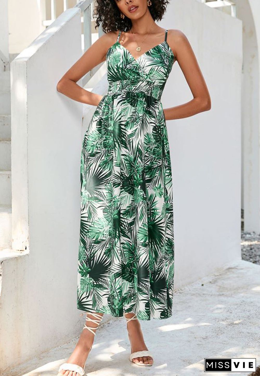 Tropical Leaf Print Surplice Neck Dress