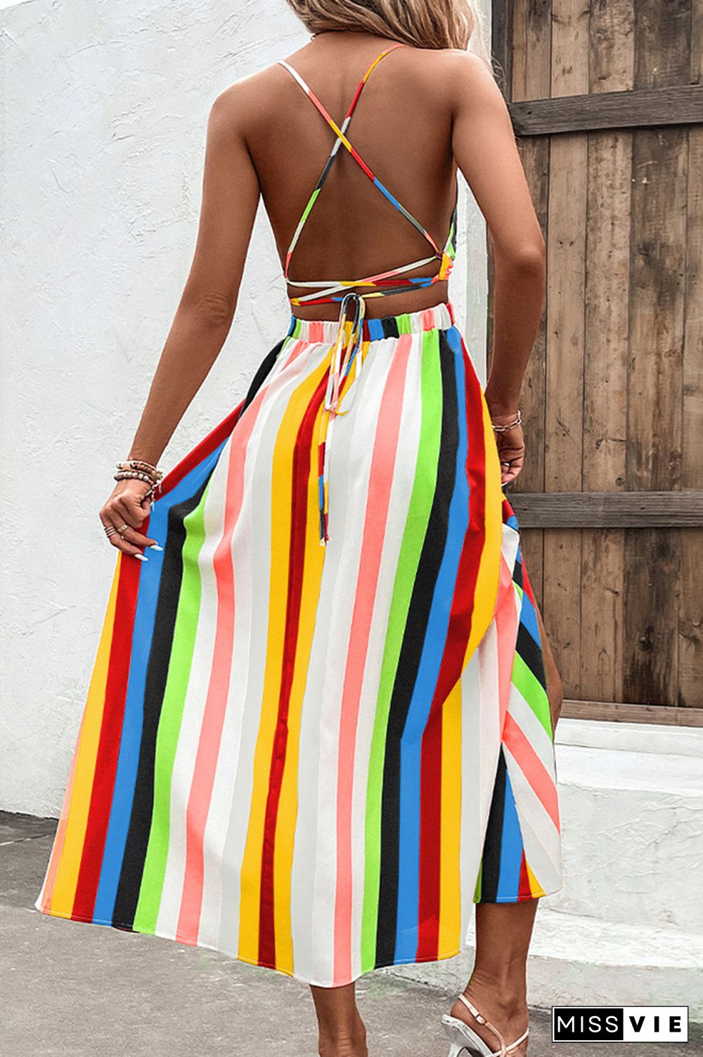 Multicolor Striped V Neck Spaghetti Strap Backless Maxi Dress