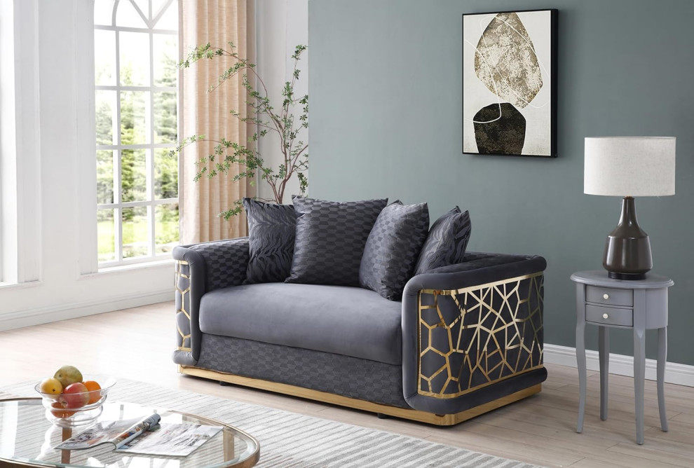 Unique Sofa  Micro Suede Seat With Brass Geometric Accent   Contemporary   Sofas   by Decor Love  Houzz