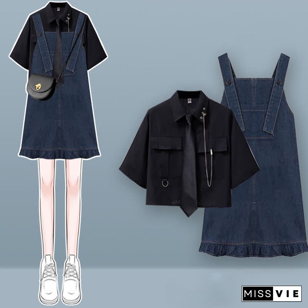 Pocket Lapel Tie T-Shirt Denim Overall Dress Two Pieces Set