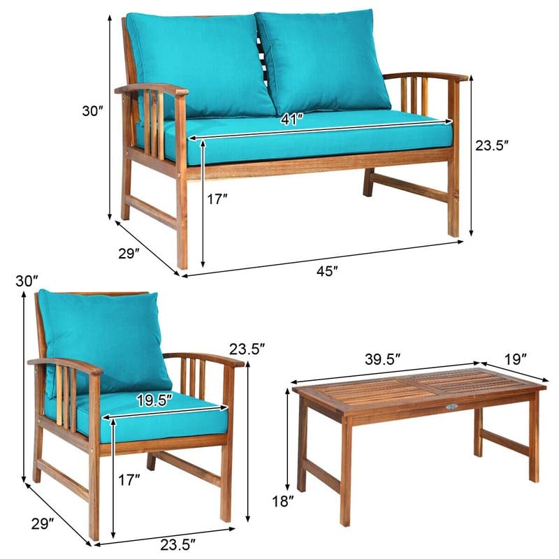 4 Pcs Acacia Wood Patio Furniture Set Outdoor Sofa Chair Conversation Set with Seat & Back Cushions