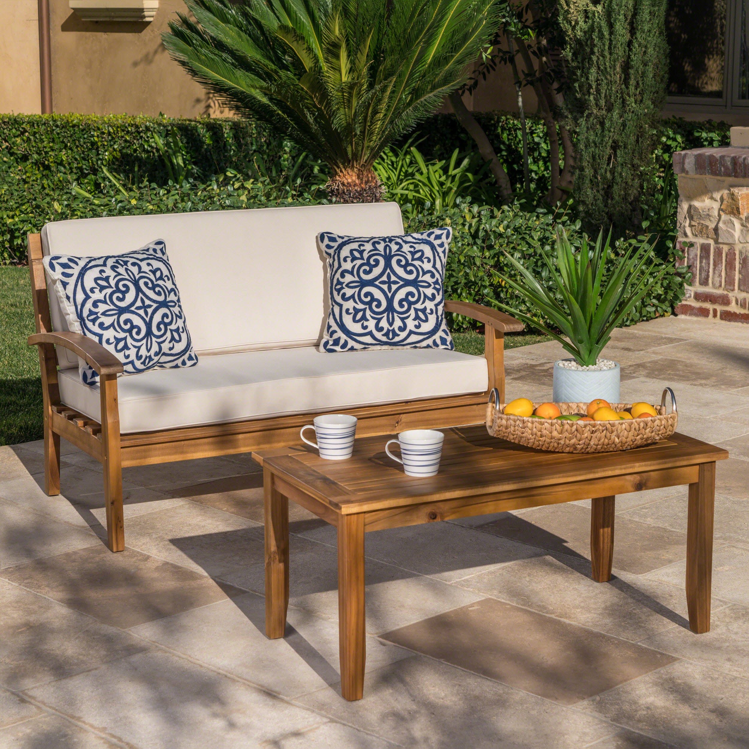 Keanu Outdoor Acacia Wood Loveseat and Coffee Table Set with Cushions