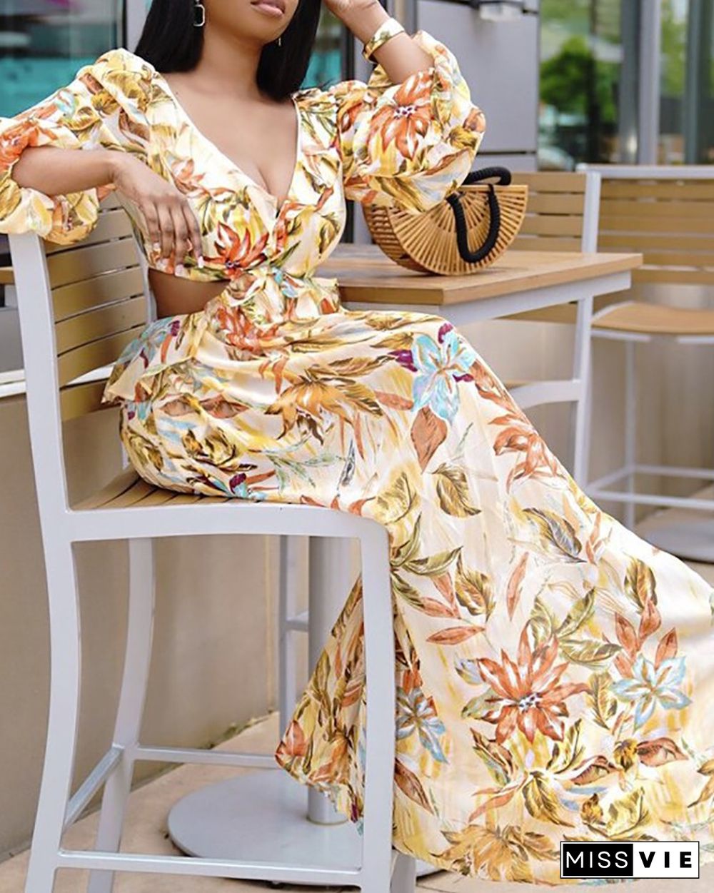 Leaf Floral Print Puff Lantern Sleeve Maxi Dress