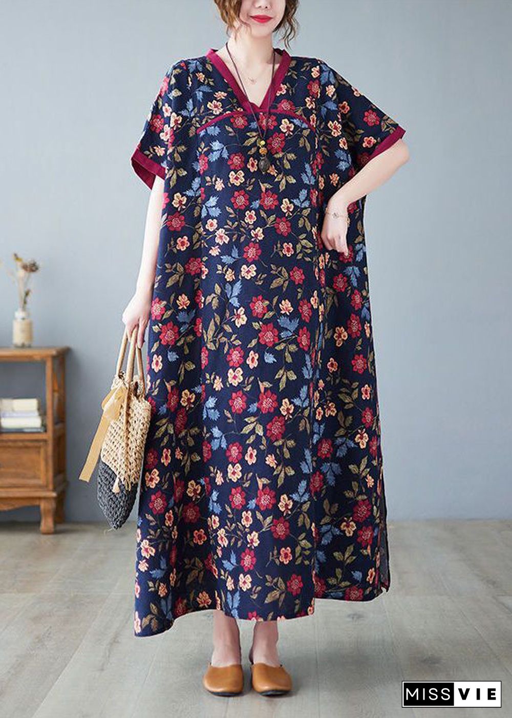 Classy Mulberry V Neck Print Cotton Long Dresses Summer