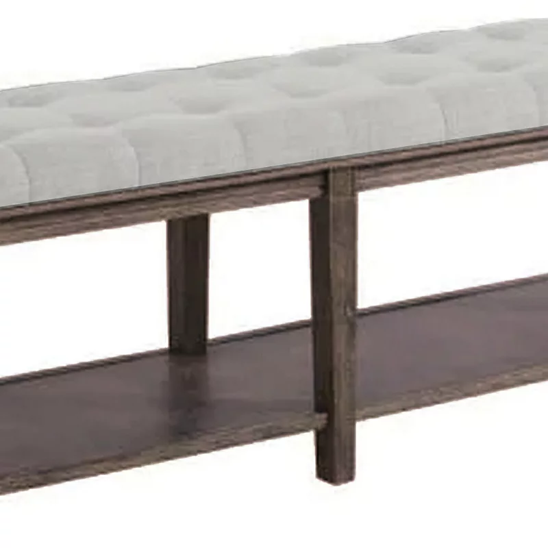 Bench with Button Tufted Seat and Open Shelf， Beige