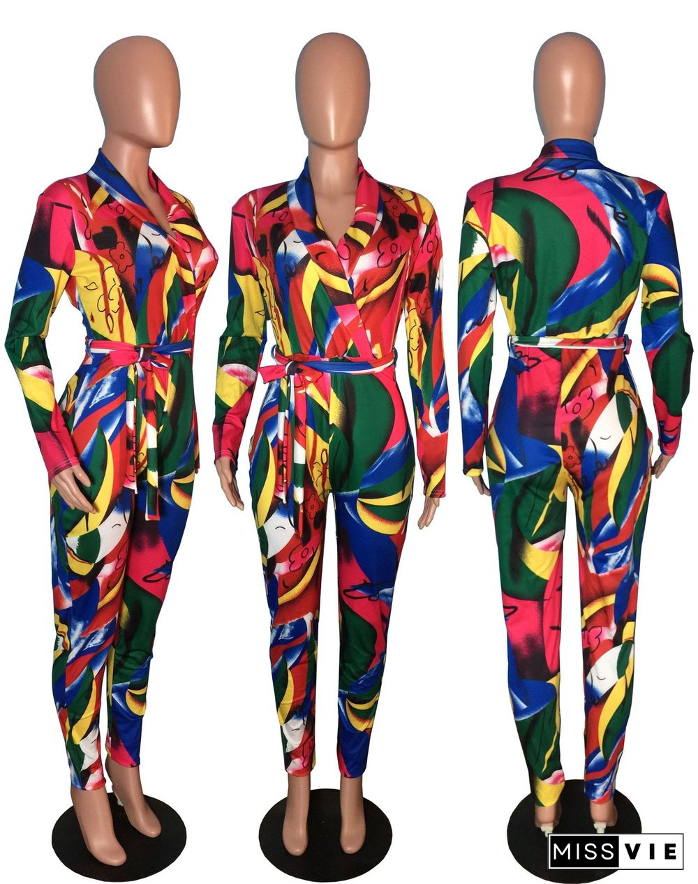 Women's Digital Printed Long Sleeve Jumpsuit With Belt