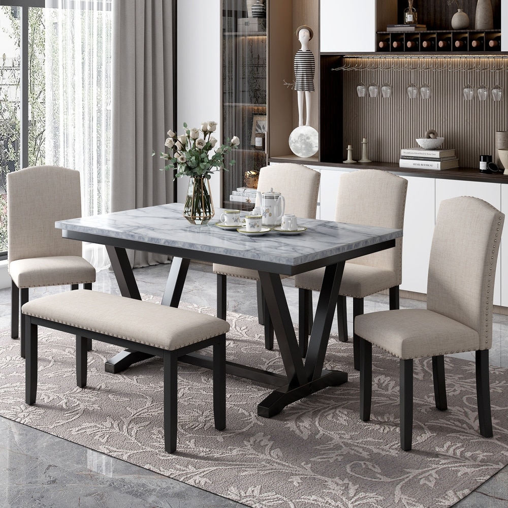 6PCS Marbled Veneers Tabletop Dining Table Set