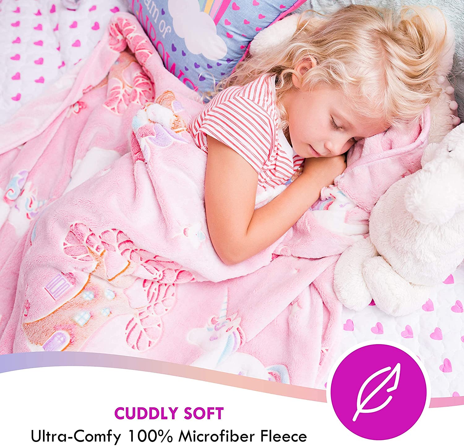 Glow in The Dark Unicorn Blanket for Girls – Soft Pink Fleece Throw. Great Christmas， Birthday， Baby， Toddler Unicorn Gifts! Premium Fuzzy Blanket with Fairy， Butterfly， Stars. Bright Long-Last Glow