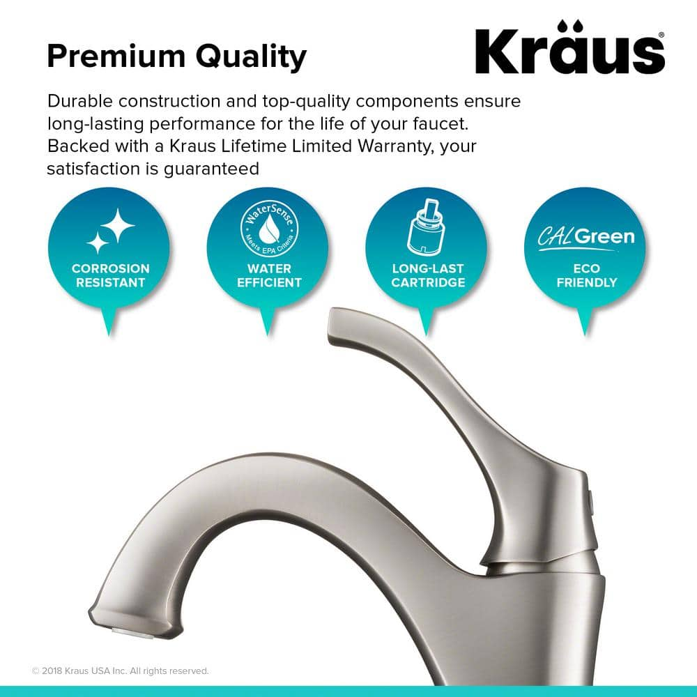 KRAUS Arlo Single Hole SingleHandle Bathroom Faucet with Lift Rod Drain and Deck Plate in SpotFree Brushed Nickel