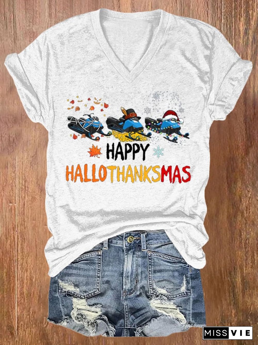 Women's Casual Happy Hallothankmas Print Short Sleeve T-Shirt