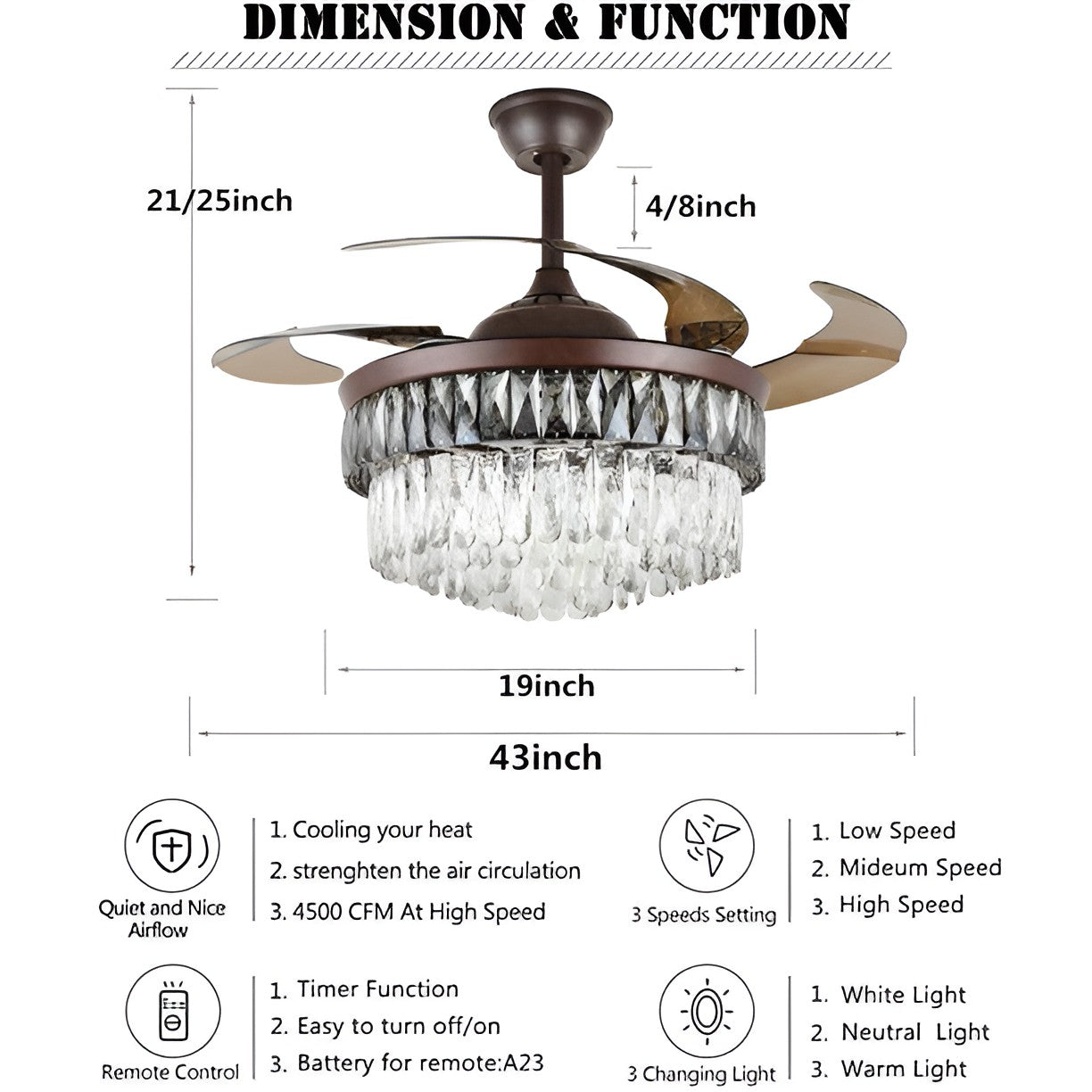 AFANQI Brown Crystal Ceiling Fan with Light 42