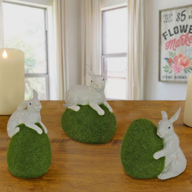 Artificial Green Moss Eggs With White Bunnies set Of 3 National Tree Company