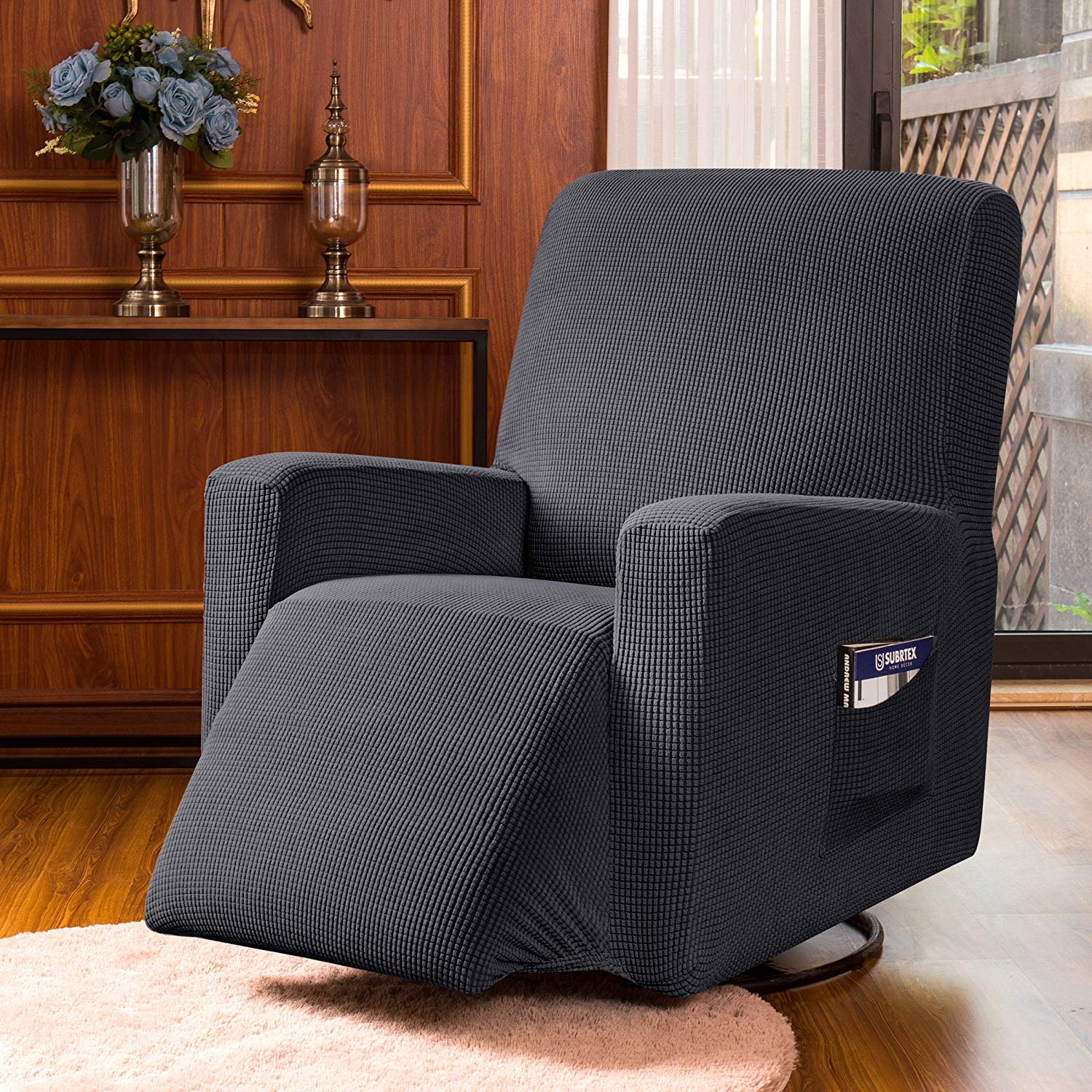 Subrtex Stretch 1-Piece Textured Grid Recliner Slipcover, Gray