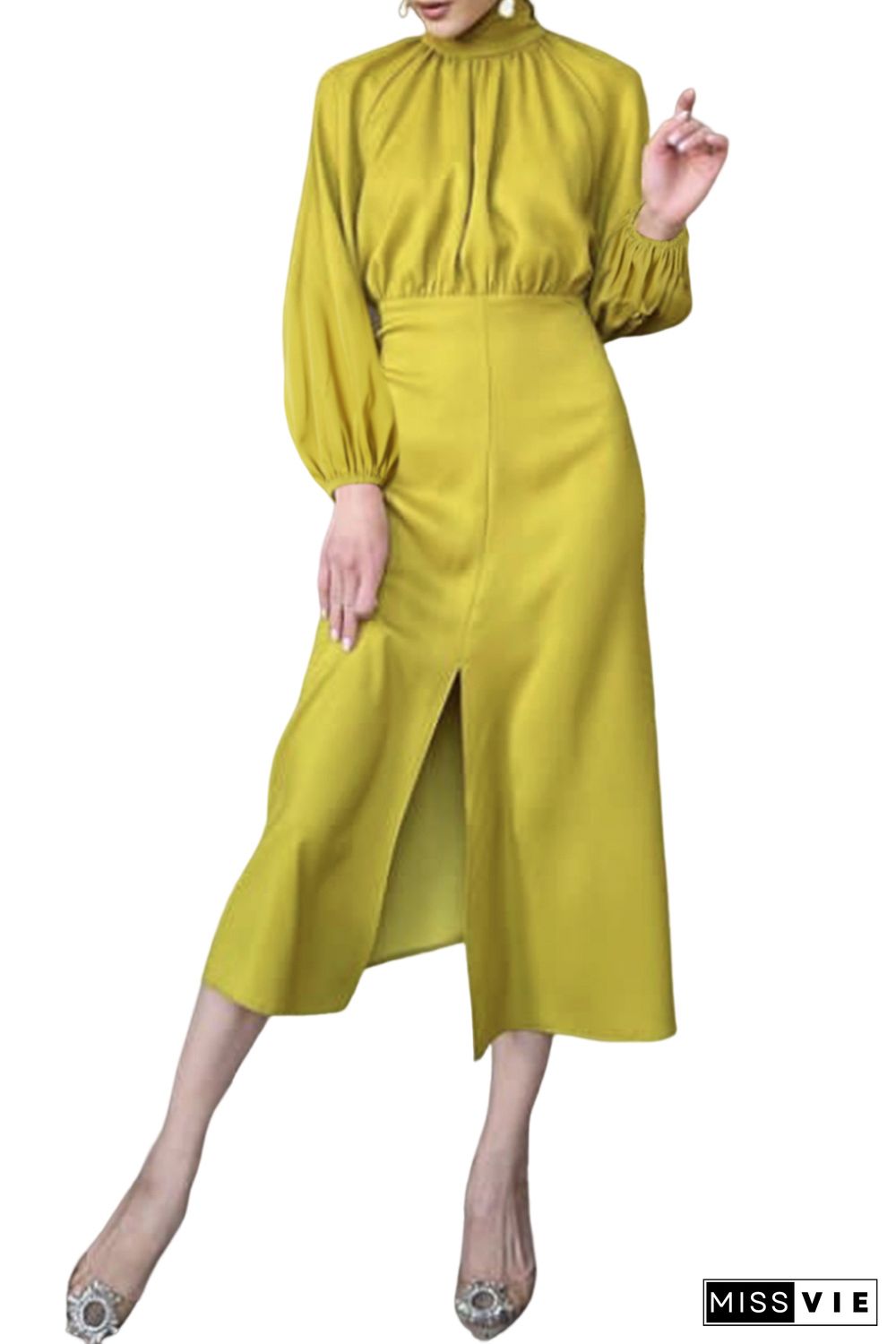 Yellow Ribbon Tie Back Long Puff Sleeve Slit Midi Dress