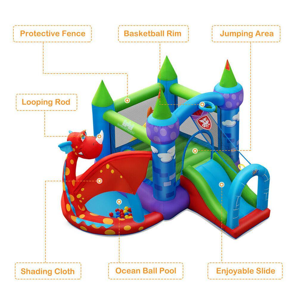 Gymax Kids Inflatable Bounce House Dragon Jumping Slide Bouncer Castle with 750-Watt Blower GYM04948