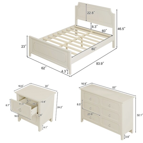 3 Piece Set Wood Queen Size Platform Bed with Nightstand and Dresser - - 37279843