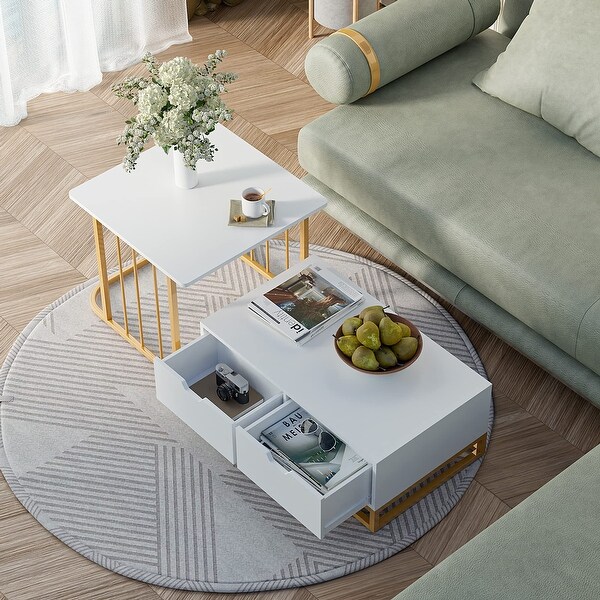 Modern Detachable Nesting Coffee Table Set of 2， 2 in 1 Small Square and Rectangular Living Room Table Set