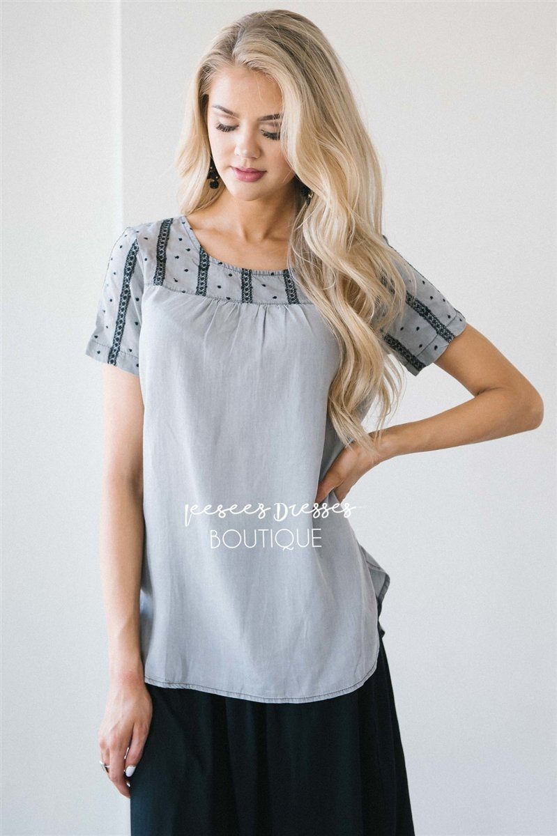 Embroidered Chambray Top