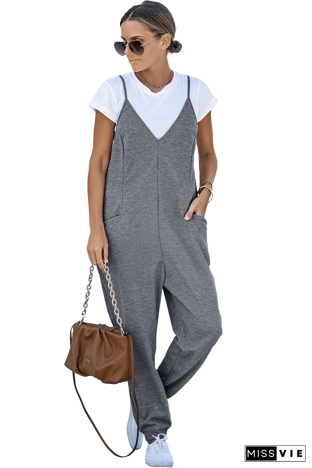 Gray Textured Sleeveless V-Neck Pocketed Casual Jumpsuit