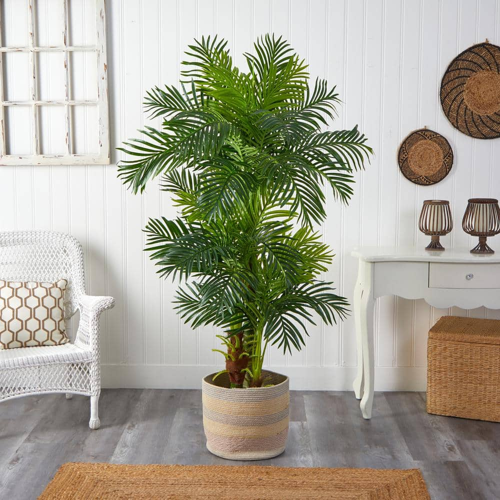 Nearly Natural 6 ft. Green Hawaii Artificial Palm Tree in Handmade Natural Cotton Multicolored Woven Planter T2986