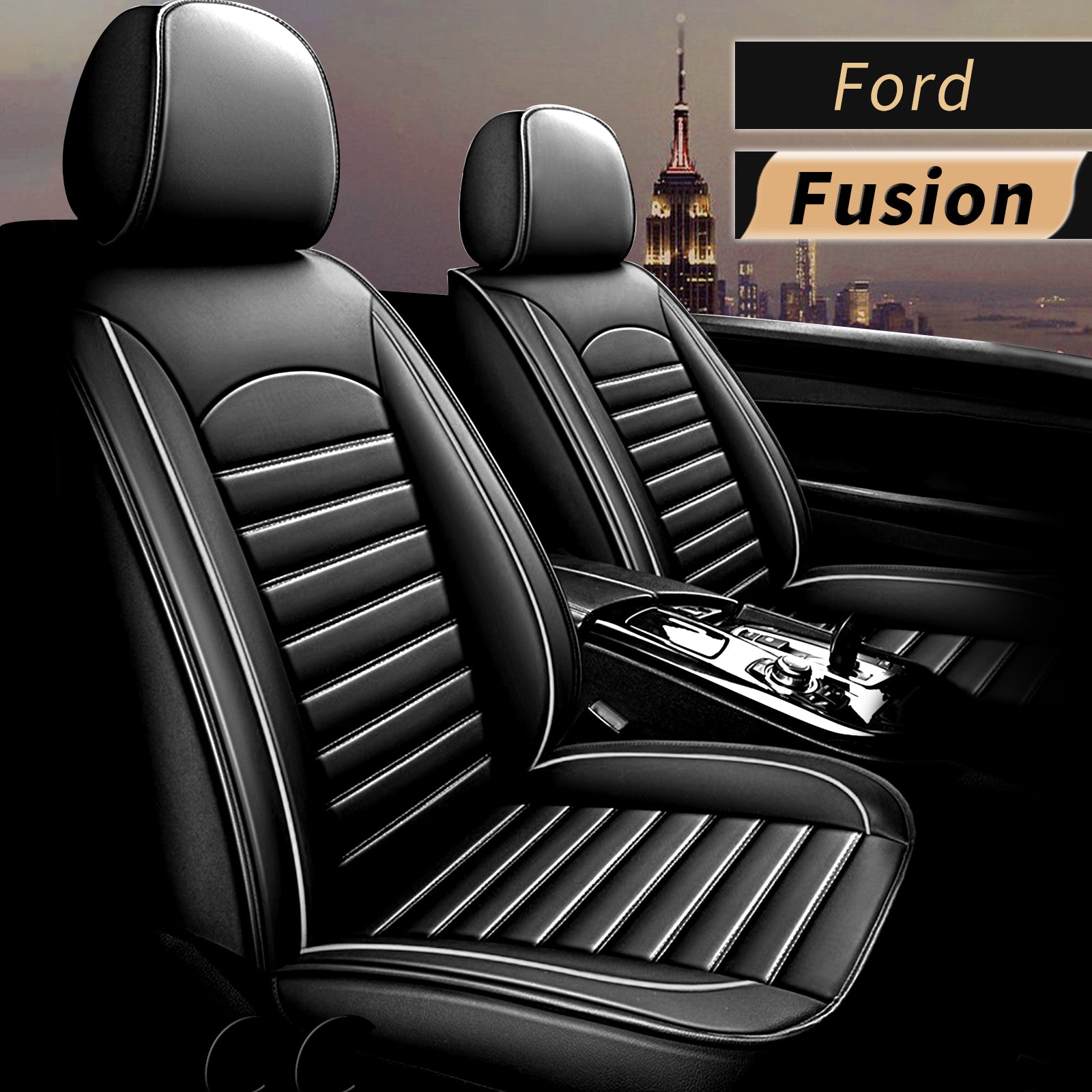 AOMSAZTO Fit Ford Fusion 2010-2020 Black and White Car seat Cover 5-seat Faux Leather Full Set Compatible Airbag