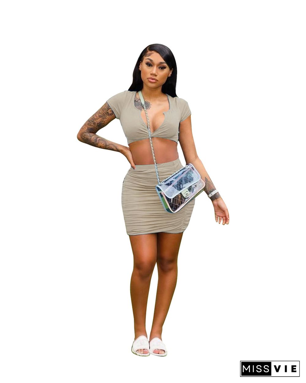 V-neck Short Sleeve Crop Top Bodycon Ruched Skirts Set