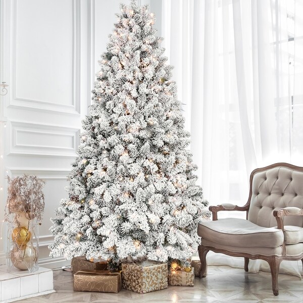 7.5FT SnowFlocked Artificial Christmas Tree Prelit Xmas Trees with Pine Cones