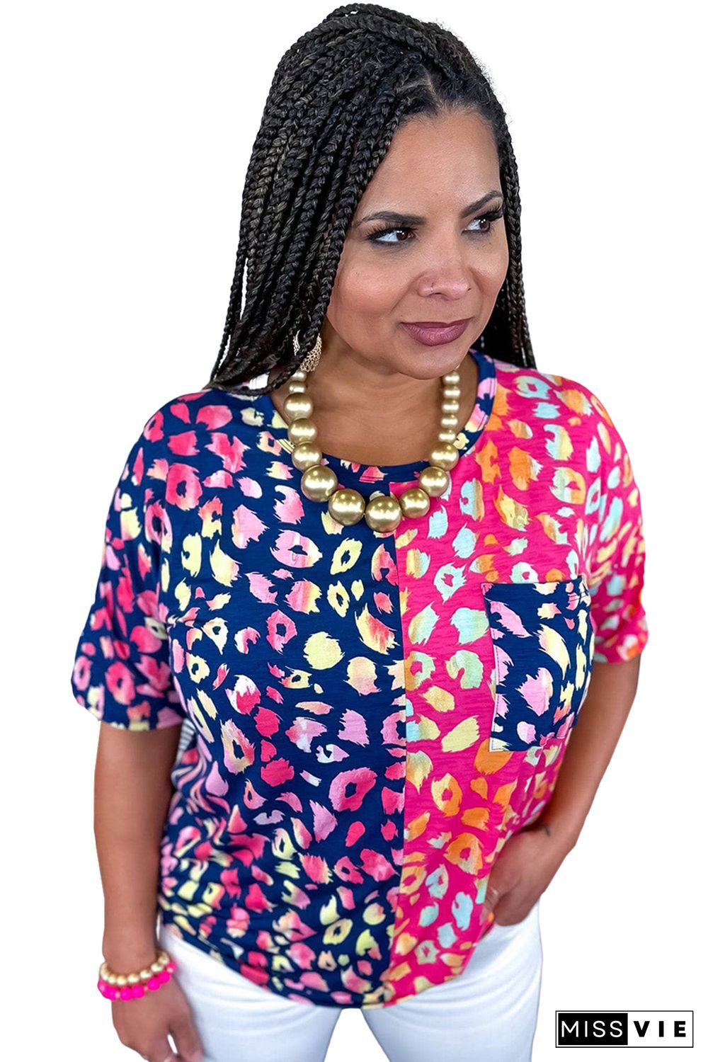 Plus Size Leopard Colorblock Short Sleeve Top